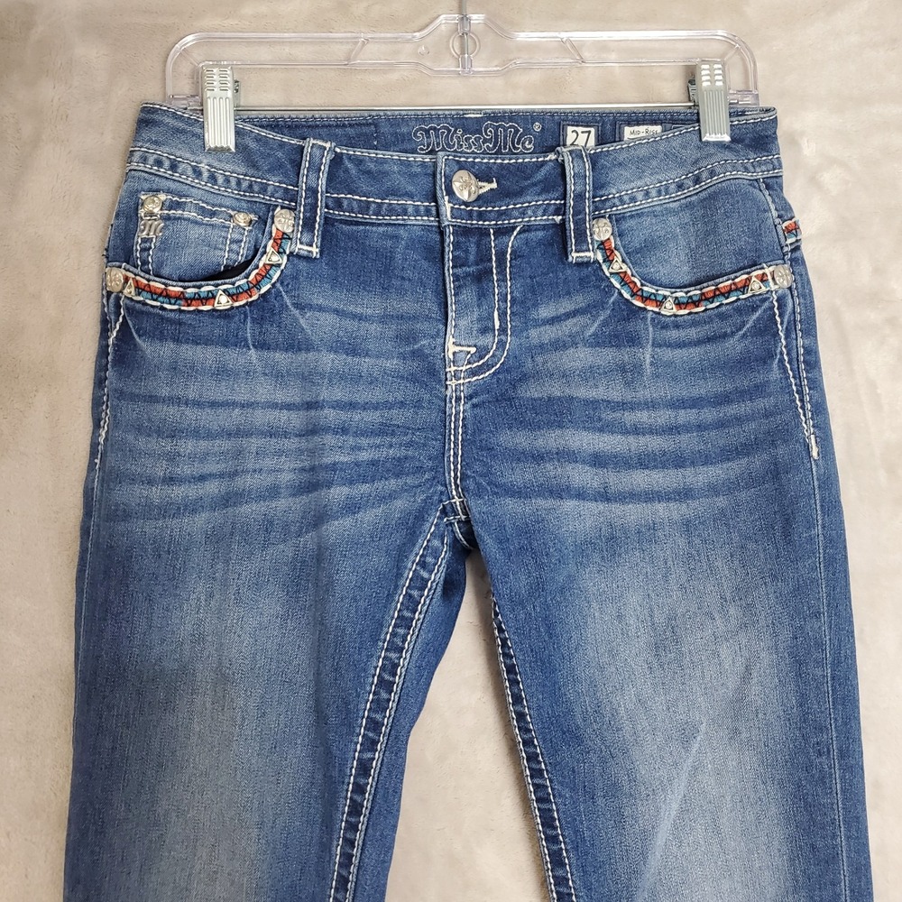 Miss Me Jeans Women 27 (29x32) Mid Rise Slim Boot Denim Aztec Red & Blue Pockets